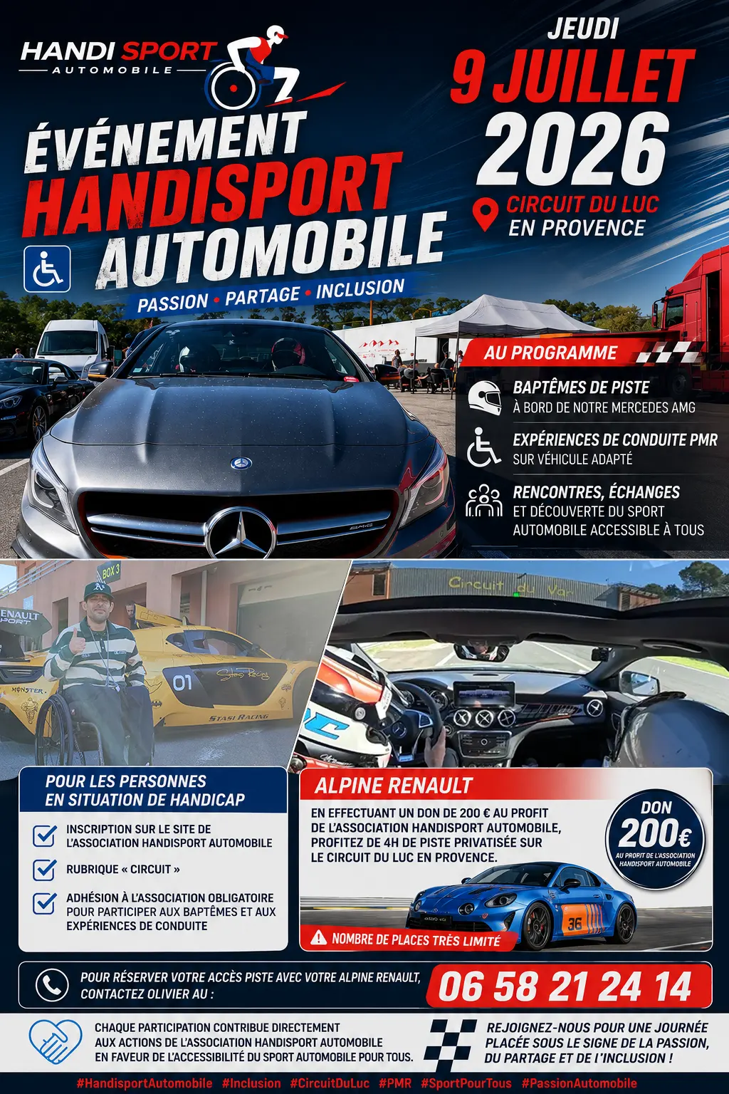 Événement Handisport Automobile au Circuit du Luc en Provence le 9 juillet 2026 avec baptêmes de piste en Mercedes AMG, expériences de conduite PMR et roulage Alpine Renault.